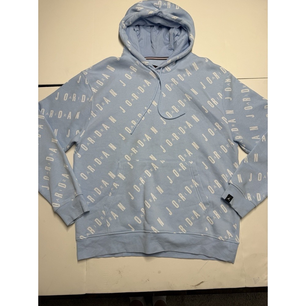 Nike Jordan Essentials Ice Blue Sail Men Fleece Pullover Hoodie Size Large AOP